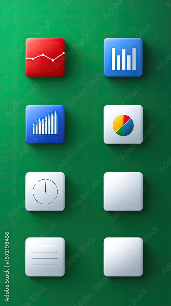 Poster modern analytics icon set: data charts and graphs on green background