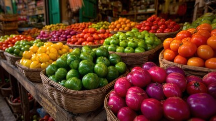 Brightly colored fruits are arranged in woven baskets at a lively market in Mexico. Shoppers explore the vibrant selection of fresh produce under warm sunlight.