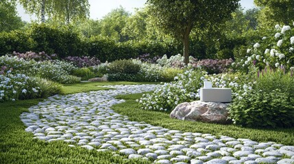 A park with a cobblestone path, a product resting beside it, timeless feel and text room on the upper right.