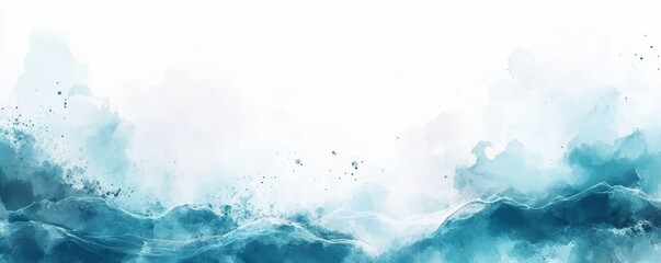 Abstract teal watercolor painting with white space.