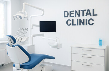 Modern Dental Clinic Interior with Equipment and Blue Chair