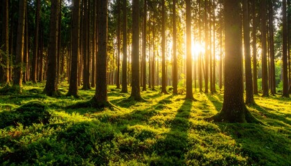 Magical forest landscape with golden sunbeams shining through tall pine trees at sunrise. Peaceful nature background with green moss and long shadows. Concept of hope and serenity.