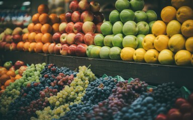 Abundant market stall display of fresh colorful fruits in a tiered arrangement, vintage filter and soft lighting highlighting texture and freshness of produce