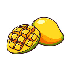 Bright and vibrant PNG illustration of a ripe mango, one half sliced into cubes and the other whole. Ideal for tropical fruit designs, summer-themed visuals, or organic product packaging.