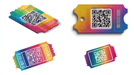 A collection of four vibrant, isometric and flat vector illustrations of event tickets featuring unique QR codes, showcasing diverse design styles suitable for digital or print media