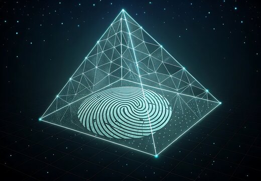 Abstract Futuristic Pyramid Encasing Fingerprint Biometric Security Concept