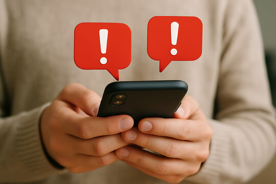 Man receives warning alerts on smartphone with red exclamation icons indicating urgent message for caution emergency or risk notification