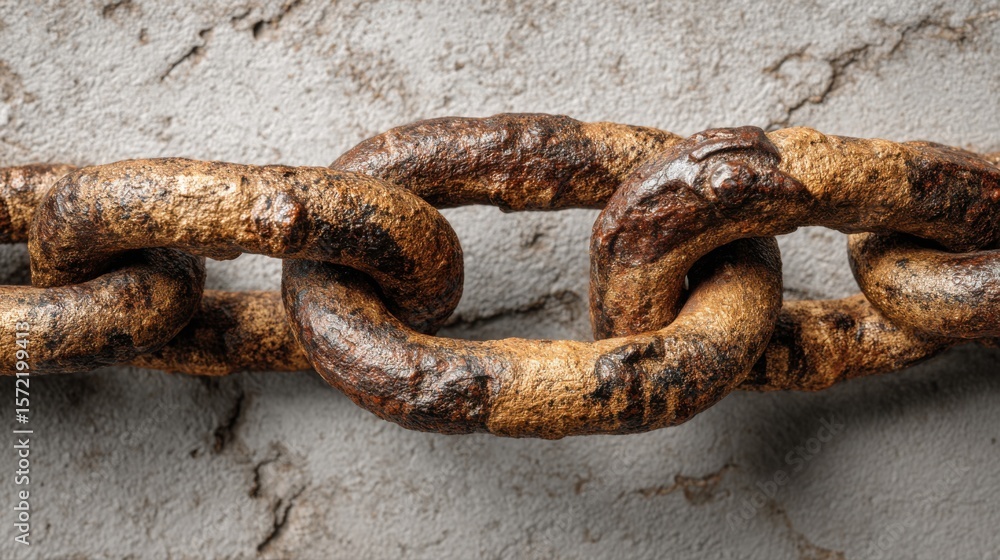 Poster close-up view of a series of rusty chain links interlocked, showcasing the rough texture and aged me