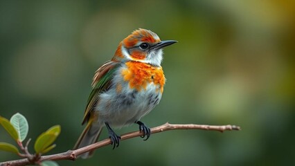 Fototapeta premium Colorful Songbird Perched on Branch with Smooth Green Bokeh Background