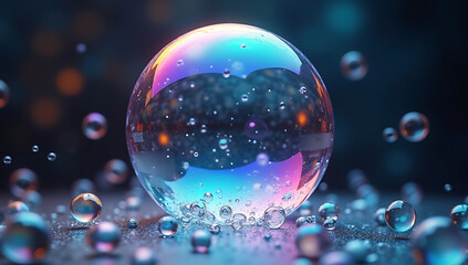 Naklejka premium crystal glass ball, shimmering iridescent surface, floating in water, surrounded by bokeh lights, dreamlike fantasy atmosphere, vibrant neon colors, volumetric lighting, cinematic depth of field, 8K