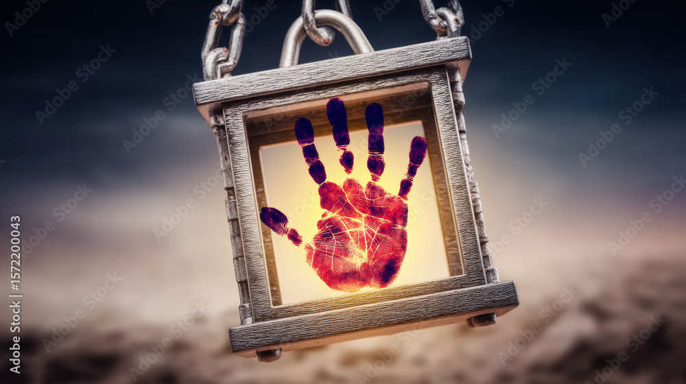 Poster a close-up of a metallic padlock with a glowing red handprint inside, suspended by chains against a 