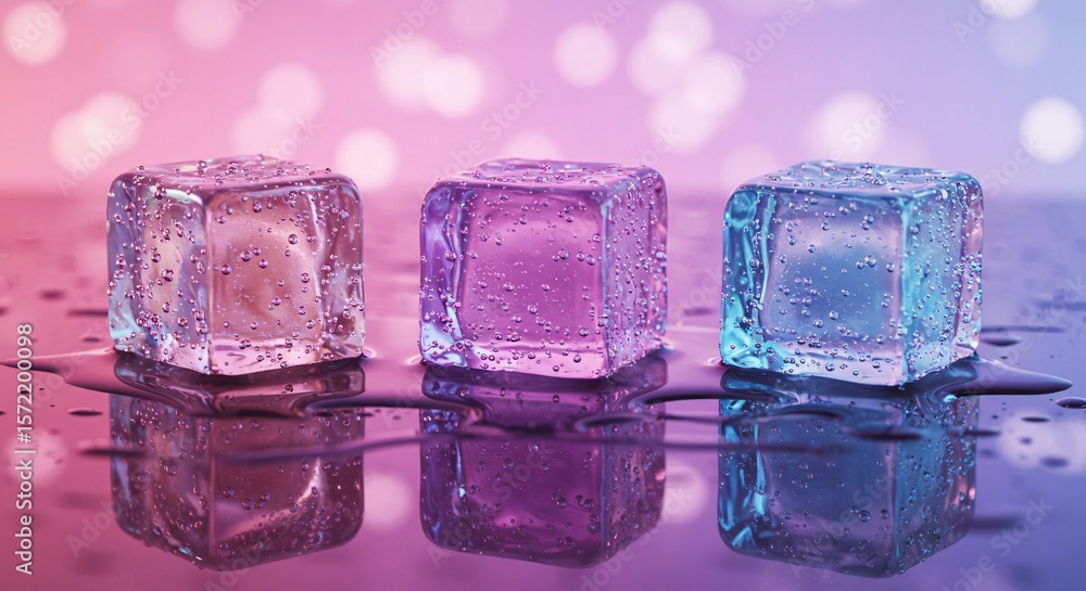 Poster three vibrant ice cubes melting on a reflective surface with bokeh background effect