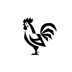 A stylized black-and-white rooster illustration featuring bold geometric shapes and abstract angles for a sleek and modern visual impact.