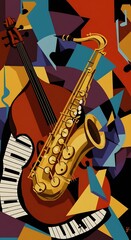 energy jazz cubist style, digital art, A spirited and animated representation of a jazz big band, formed exclusively from geometric shapes. bright colors, musical instruments,