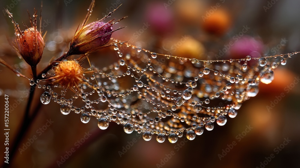 Poster delicate strands of a spider web catch morning dew as colorful spring flowers bloom in the backgroun