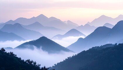 Fototapeta premium Mountain Range with Fog at Sunrise Serene Blue Landscape