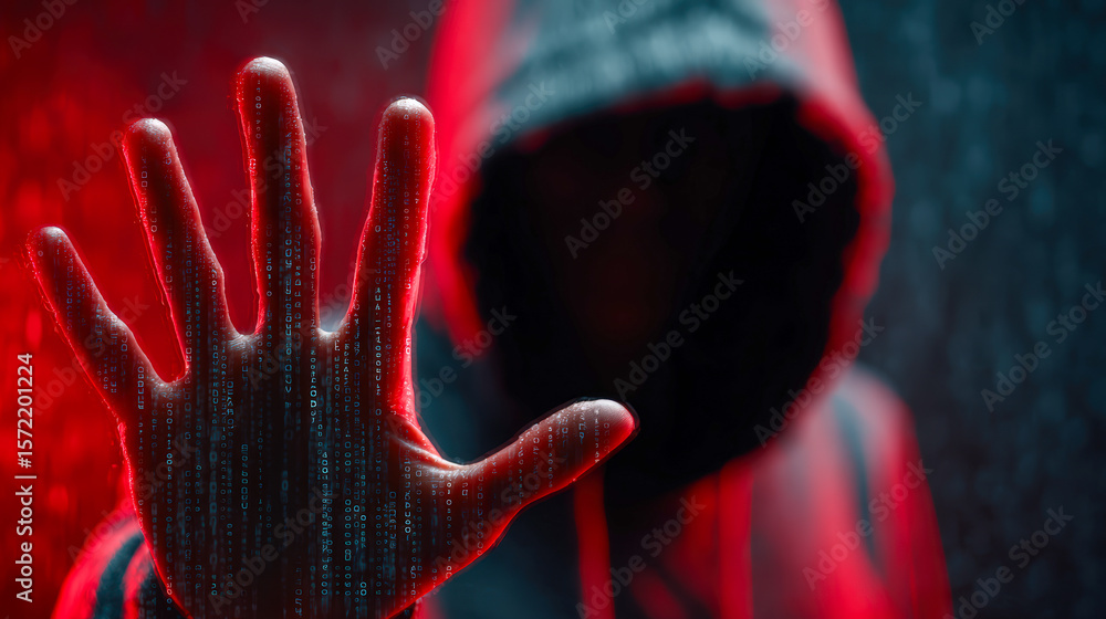 Poster a hooded figure with a shadowed face holds a hand covered in digital code, symbolizing cybersecurity
