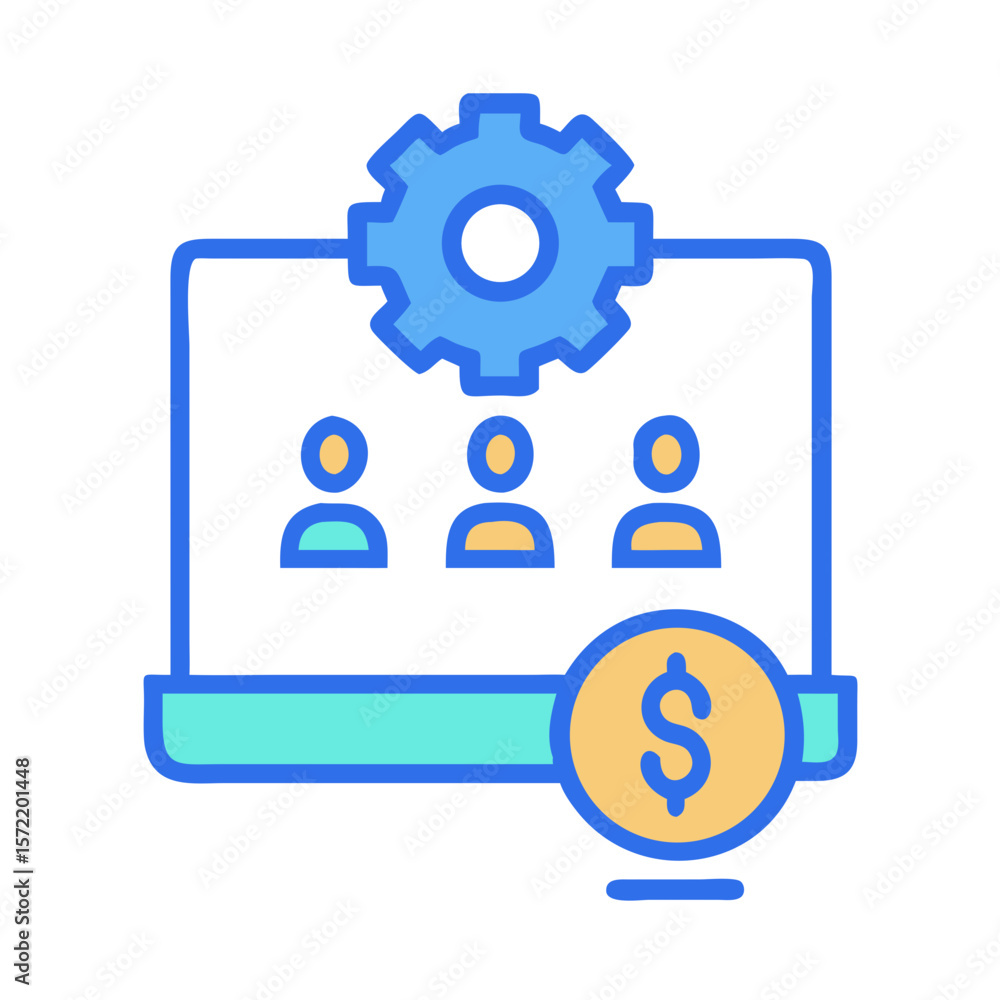 Poster team performance automation on monitor screen with dollar coin