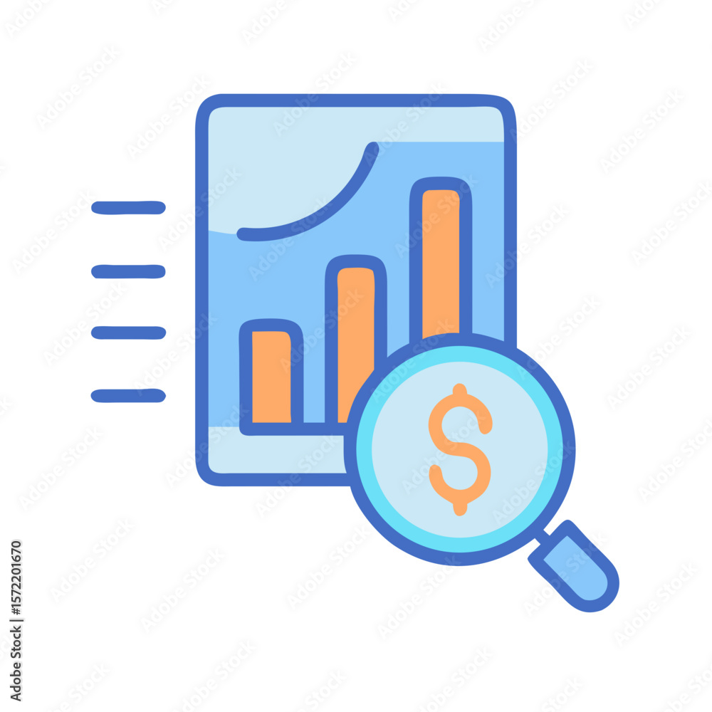 Aufkleber analyzing financial data with bar graph and magnifying glass