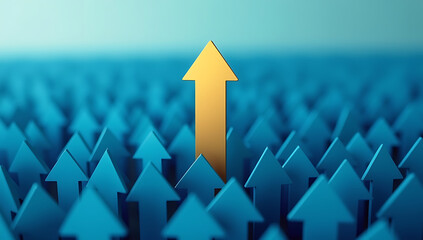 teal blue abstract shapes, mountainous terrain, yellow arrow pointing upward, 3d, digital art, highly detailed, cinematic, sharp focus, vibrant colors
