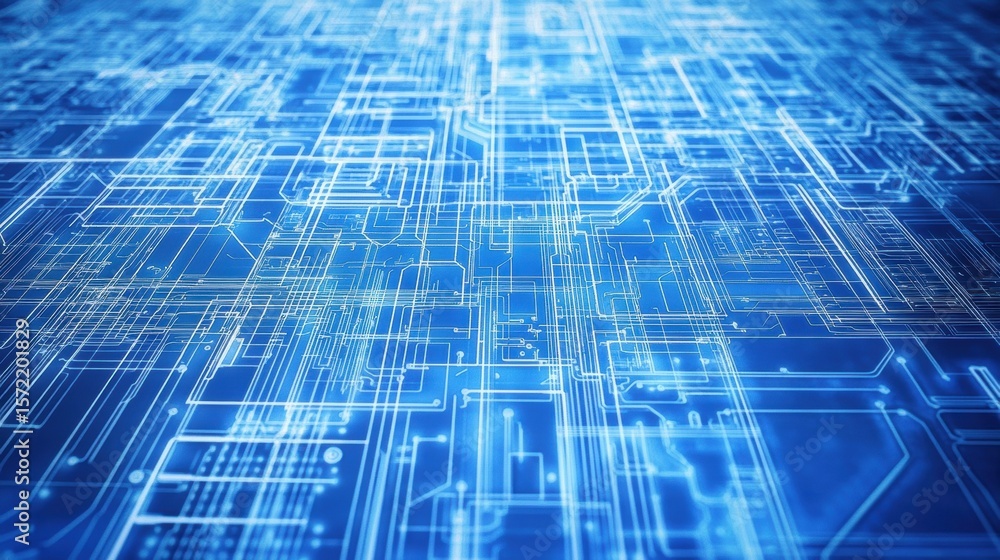 Poster futuristic blue circuit board with intricate grid lines and gradient abstract