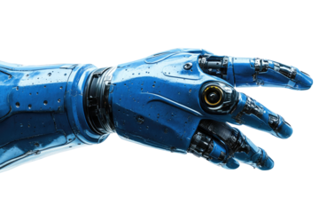 Detailed close-up of a futuristic, blue robotic arm.  Complex mechanical hand, intricate details,  glossy surface