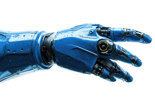 Detailed close-up of a futuristic, blue robotic arm.  Complex mechanical hand, intricate details,  glossy surface
