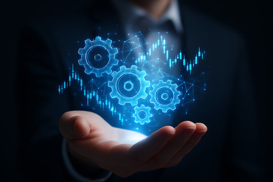 Digital gear icons and stock chart graphs over businessman hand illustrating process automation concept and futuristic data integration - Powered by Adobe