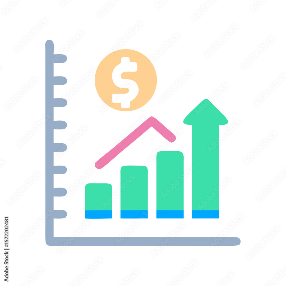 Poster stylized graph with increasing bars and coin symbol icon