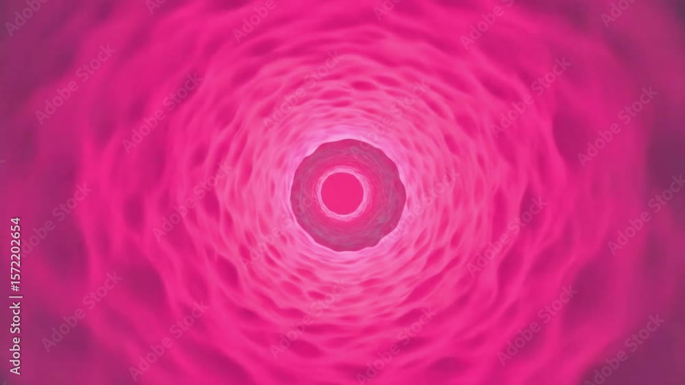 Poster abstract tunnel with pink light at the end and teal wavy texture surrounding the tunnel view