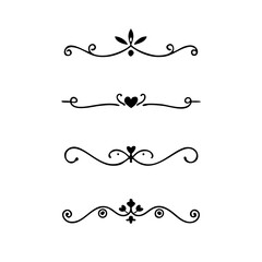 Decorative simple divider. Text dividers retro minimal line separators,  Vector isolated geometric wedding card heart separator elements set. Text dividers. . Hand drawn vector illustration. 
