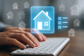 Real estate listing search and property selection on digital platform using futuristic house icon interface with keyboard background screen