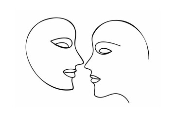 Two faces close together abstract line art black and white