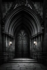 Fototapeta premium Gothic architecture doorway with intricate carvings and dim lighting