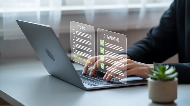 Person using a laptop to manage a digital to do list and completed tasks