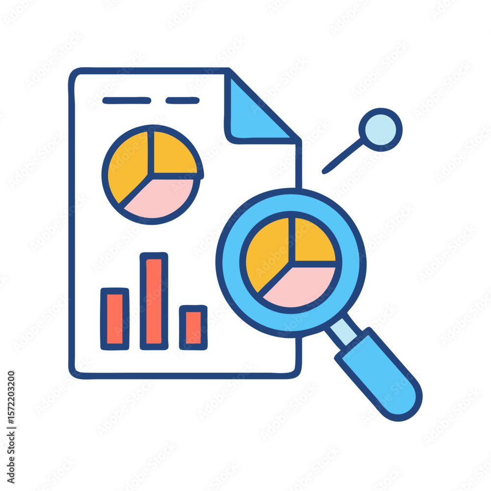 Poster analyzing data document with magnifying glass and chart diagrams