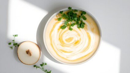 A bowl of creamy soup with parsley garnish and a slice of vegetable on a white surface in sunlight