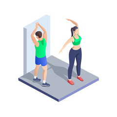  Man and Woman Stretching Together in Gym Isometric Illustration