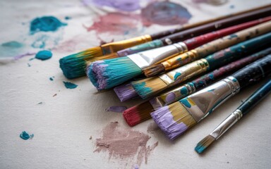 Fototapeta premium Well-used paintbrushes with dried paint in turquoise, crimson, and lavender scattered on a white linen canvas with soft light