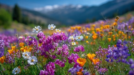 Fototapeta premium A vibrant meadow filled with purple, orange, and white wildflowers stretches across the landscape, framed by majestic mountains under a clear sky, capturing the essence of springtime tranquility.