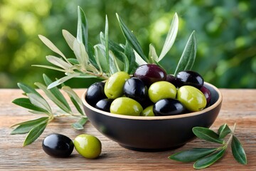 Black and green olives with leaves in a bowl resting on a wooden table