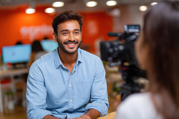 young indian man giving interview by journalist