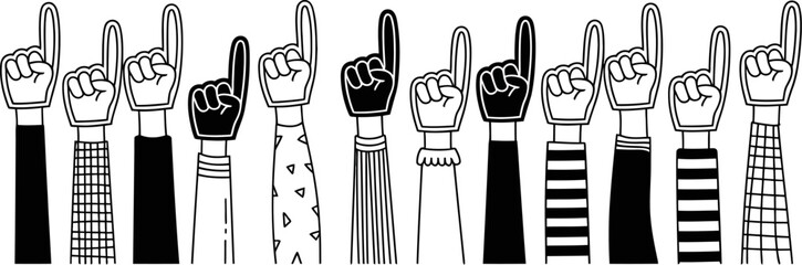 Black and white foam fingers vector illustration for sports fans cheering and celebration graphic design icon vector