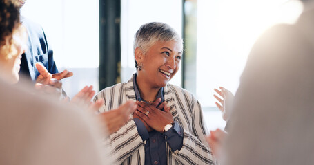 Celebration, clapping hands and business people in office with support for good news or job...