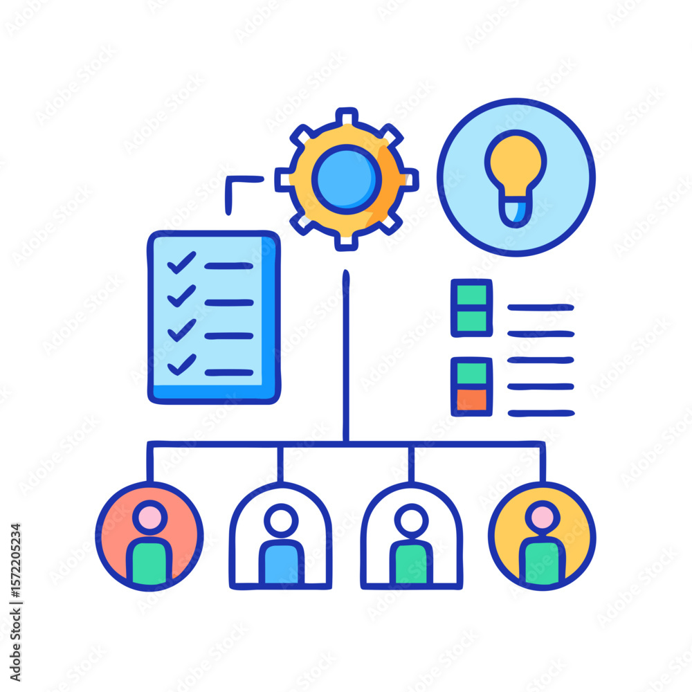 Poster simple organizational chart graphic showing process steps and teamwork