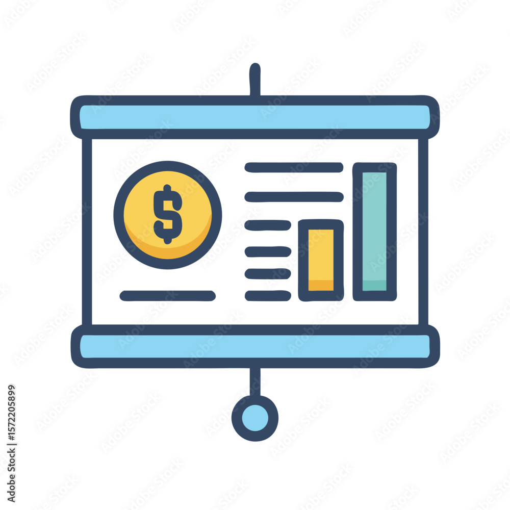 Poster presentation screen displaying financial data and dollar coin icon