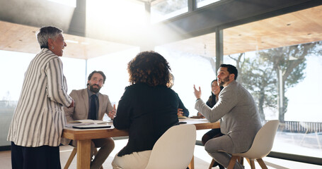 Boss, speaker and meeting with business people in office for property investor, planning or team. Real estate portfolio, partnership and ceo discussion with employees in realtor agency for report