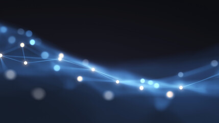 abstract digital network background featuring glowing blue and white dots connected by thin lines, creating a sense of data flow, technology, and connectivity against a dark, blurry backdrop.