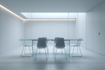 Minimalist glass dining table with powder-coated steel chairs frost and graphite palette cool ambient skylight rim LED under