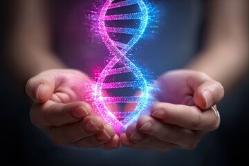 Minimalist hands holding a glowing DNA-shaped data helix made of shifting digital symbols representing personalized algorithms and bioinformatics